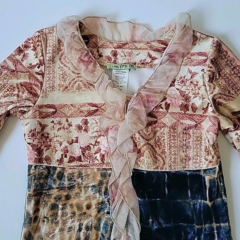 Little Mass Vintage Girls Medium Velour Top Mixed Block Print Ruffle Boho Hippie